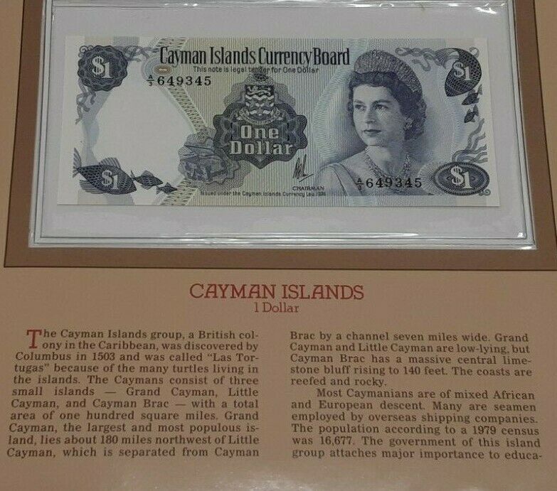 Fleetwood 1974 Cayman Islands 1 Dollar Note Crisp Unc. in Historic Info Card