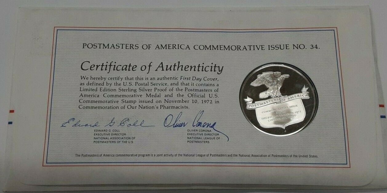1972 Postmasters Of America Commemorative Silver Medal  Our Nations Pharmacists