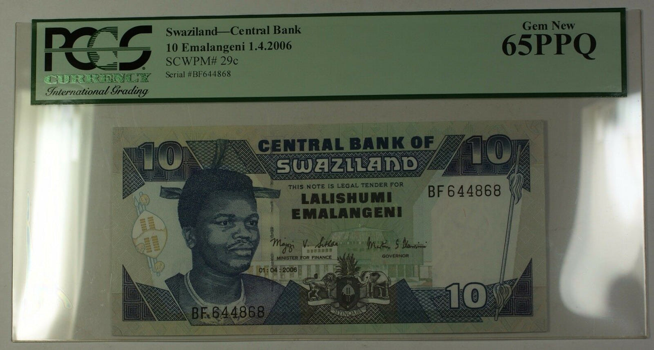 1.4.2006 Swaziland Central Bank 10 Emalangeni Note SCWPM#29c PCGS Gem New 65 PPQ