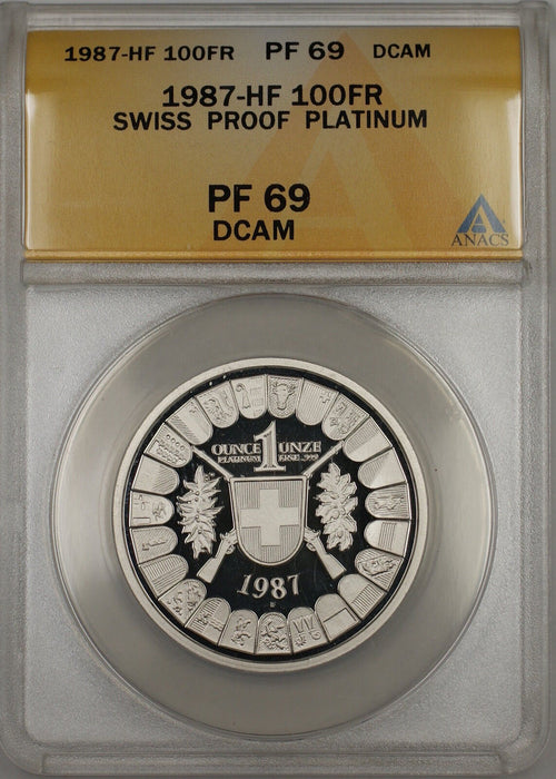 1987-HF Proof Switzerland William Tell 100 FR Platinum Coin ANACS PF-69 DCAM SB