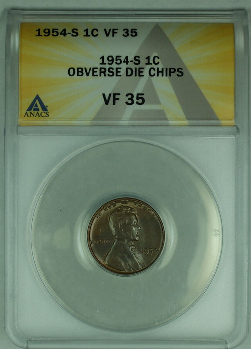 1954-S Lincoln Wheat Cent 1C Coin-Die Chips-ANACS VF 35 (32)