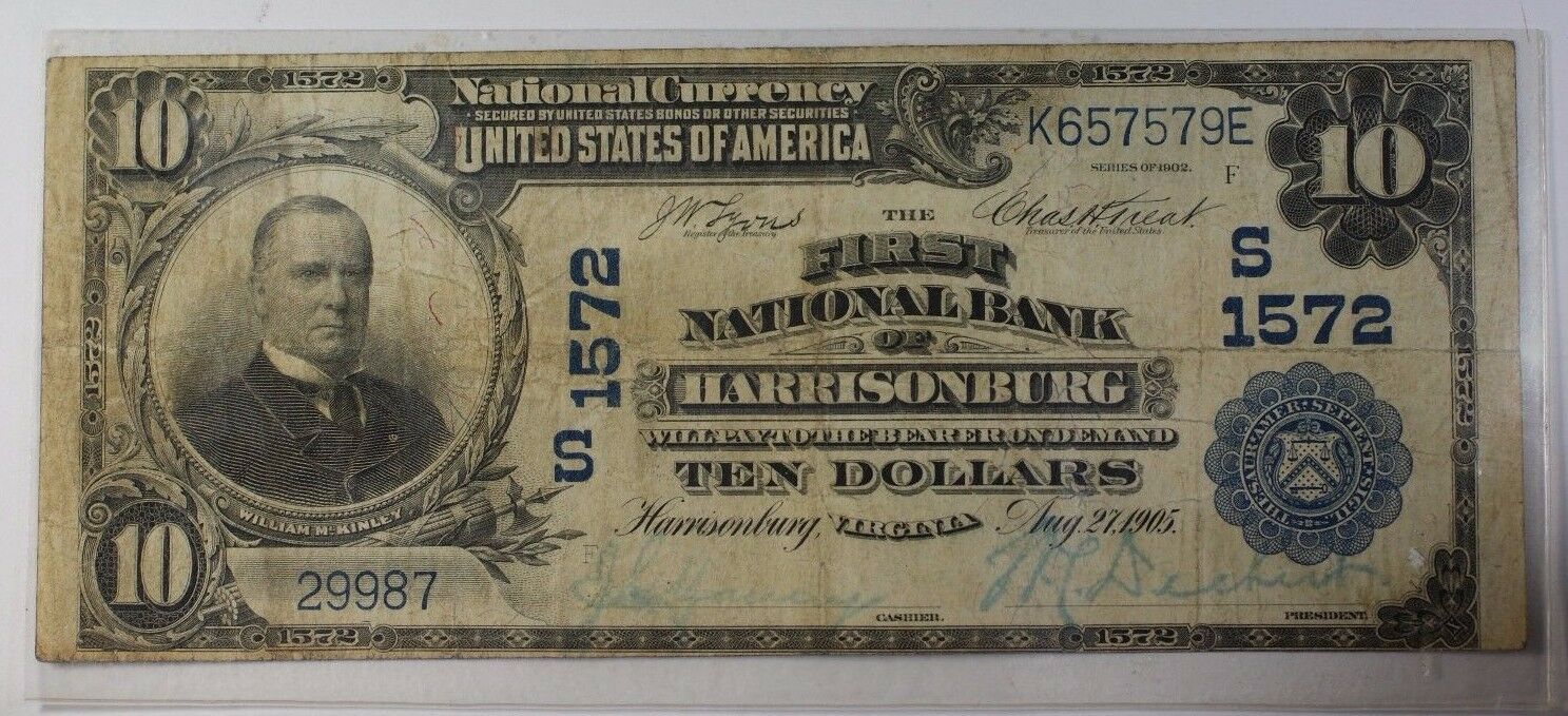 US $10 National Banknote Series of 1902 Harrisonburg VA Charter #S1572 Fine