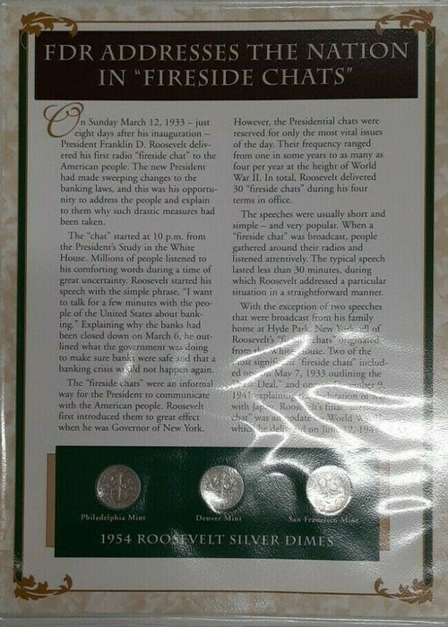 Life&Times of FDR 1954 - 3 Roosevelt Dimes W/Stamp & Info Card Fireside Chats