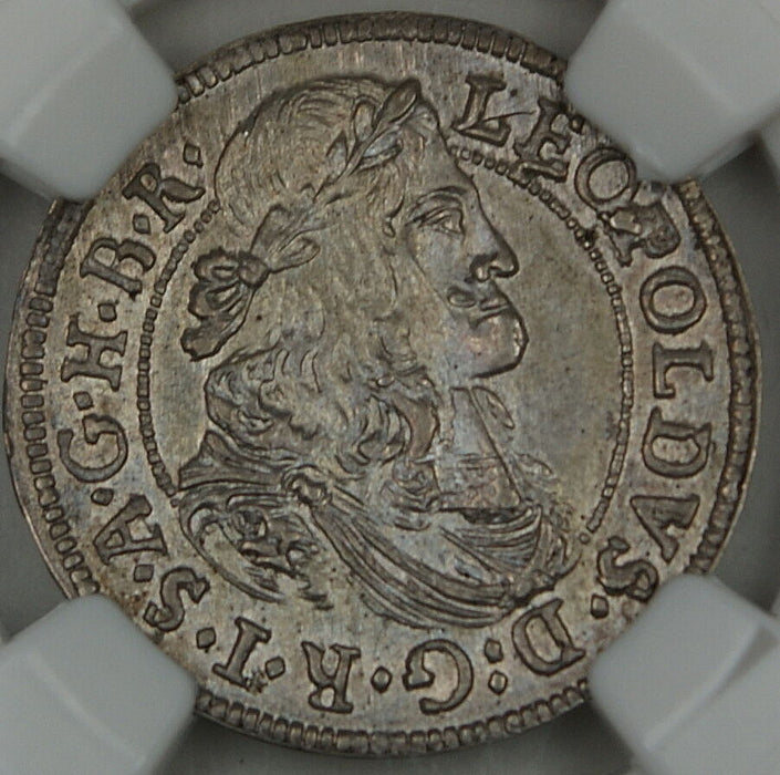1677 Austria 3 Kreuzer Coin, Hall, NGC MS-64