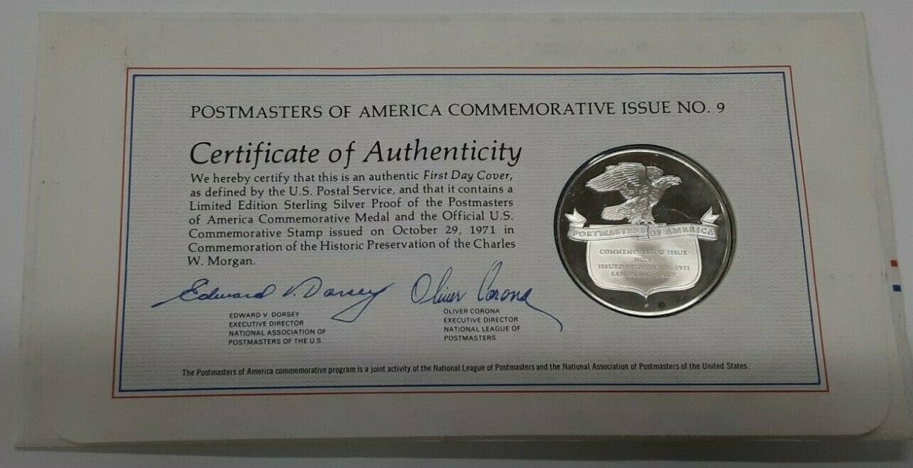 1971 Postmasters Of America Commemorative Silver Medal  the Charles W. Morgan