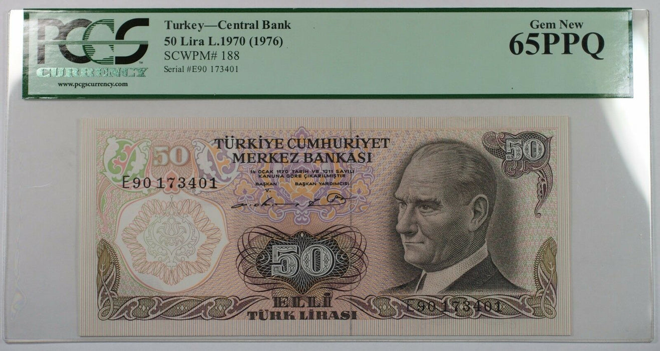 L.1970 (1976) Turkey Central Bank 50 Lira Note SCWPM# 188 PCGS 65 PPQ Gem New
