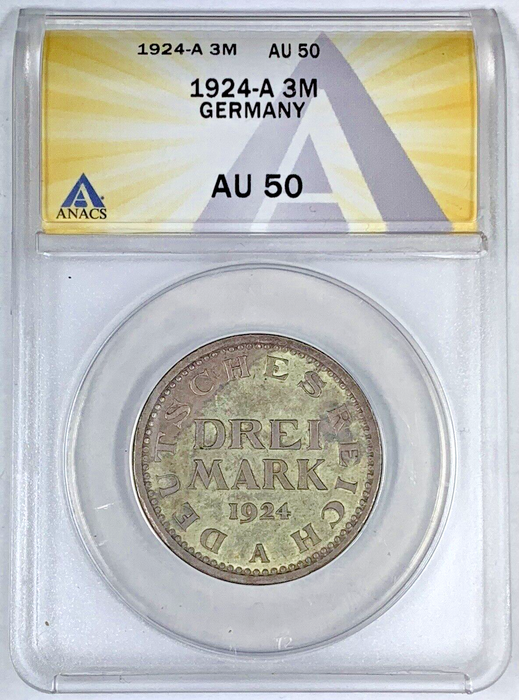 1924-A 3 Marks Germany Coin ANACS AU 50