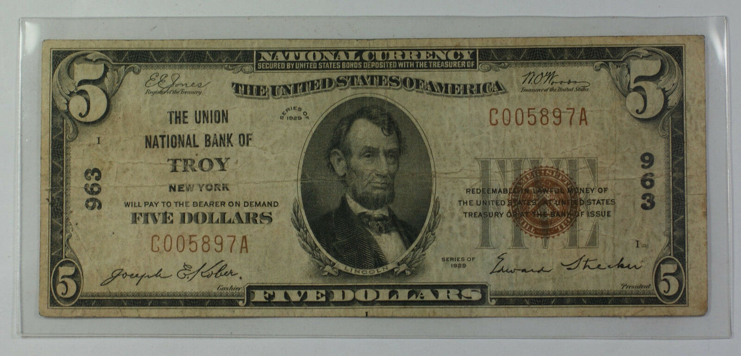 Series 1929 Type 1 $5 National Currency Banknote Troy, New York Charter # 963