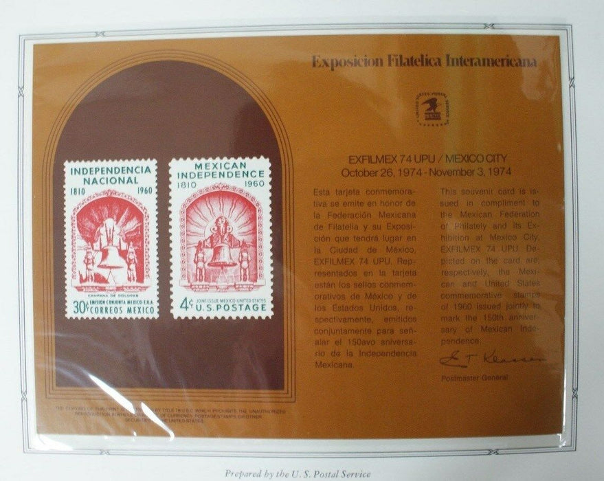 souvenir card PS 16 Exfilmex 1974 1960 4¢ Mexican Independence stamp