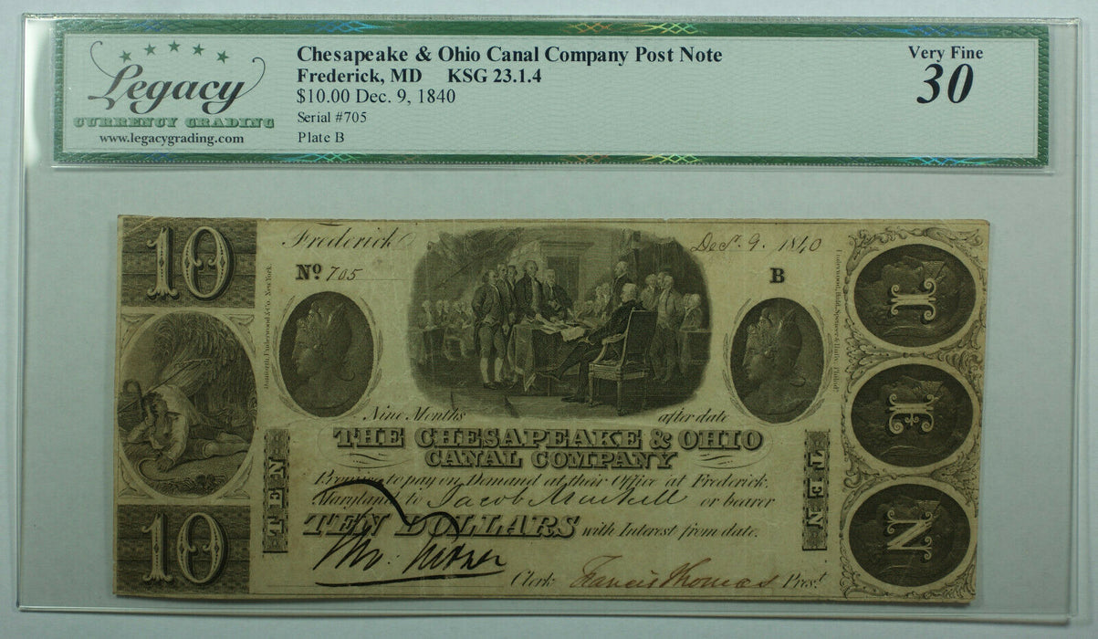 1840 Chesapeake Ohio Canal Co. Post Note Frederick MD $10 Legacy VF-30