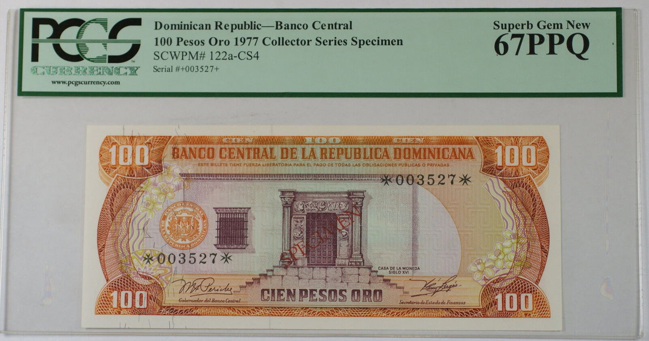 1977 Dominican Republic 100 Pesos Oro Specimen Note SCWPM# 122a-CS4 PCGS 67 PPQ