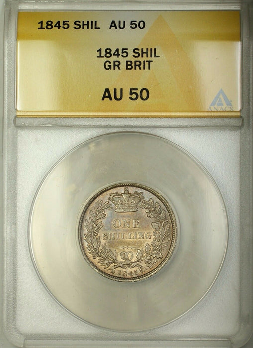 1845 Great Britain 1S Shilling Silver Coin ANACS AU-50