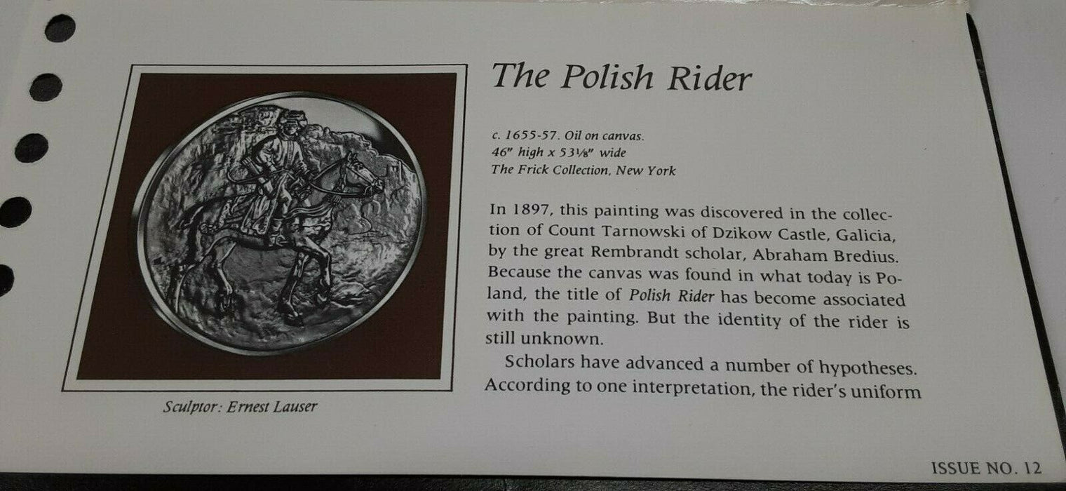 Franklin Mint Genius/Rembrandt PR .925 Silver Medal-The Polish Rider in Card