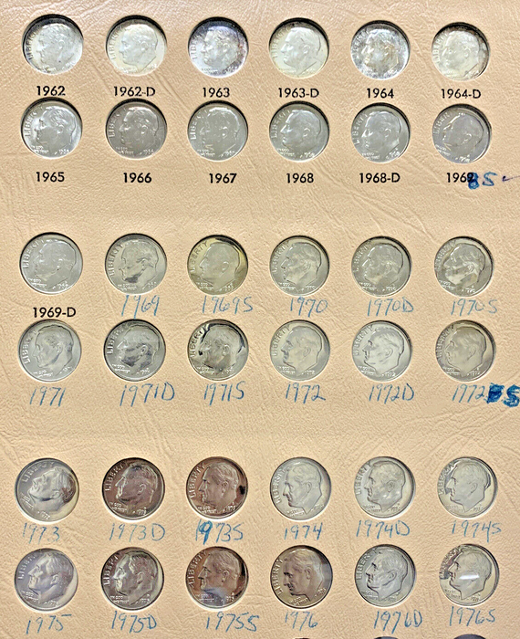 1946-1976 Roosevelt Dime Toned BU/UNC Set-Silver & Clad-Dansco Coin Album (R)