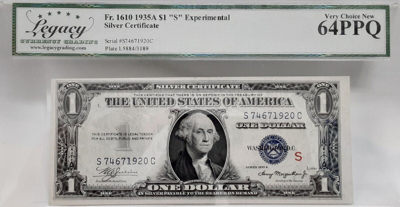 1935-A $1 Silver Certificate "S" Exp. Note FR#1610  Legacy Very Ch New-64 PPQ
