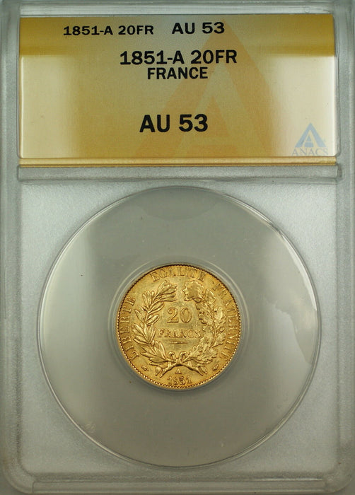 1851-A France 20 Fr Francs Gold Coin ANACS AU-53
