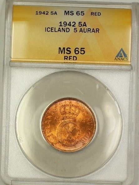 1942 Iceland 5A Five Aurar Copper Coin ANACS MS-65 Red GEM BU (E)