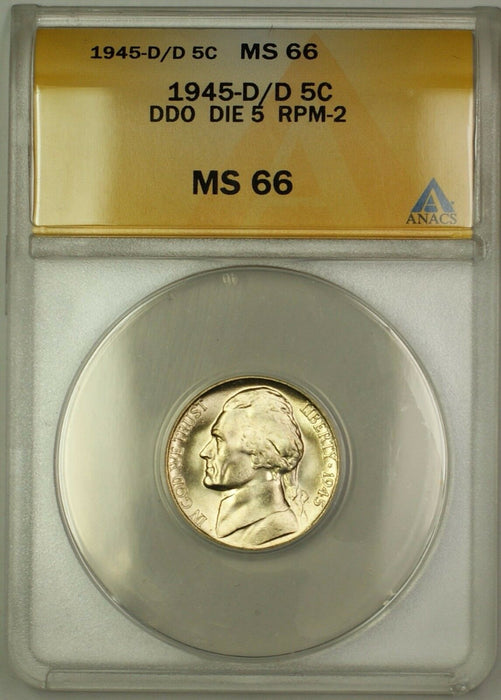 1945-D/D RPM-2 DDO DIE 5 Wartime Silver Jefferson Nickel 5c Coin ANACS MS-66 (H)