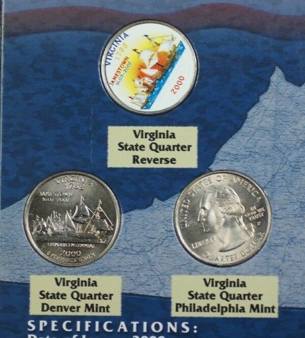 3 Virginia State Quarters 1 Colorized In Beautiful Folder W/ Info About Virginia