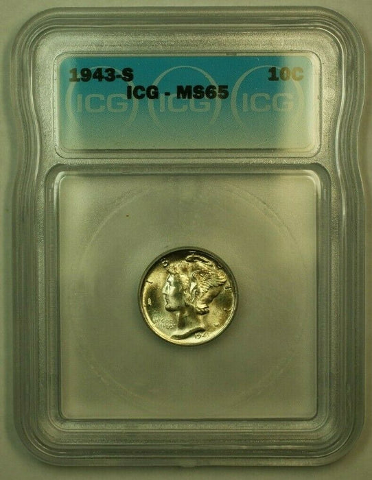 1943-S Silver Mercury Dime 10c Coin ICG MS-65 (2B) Lightly Toned FB IOO
