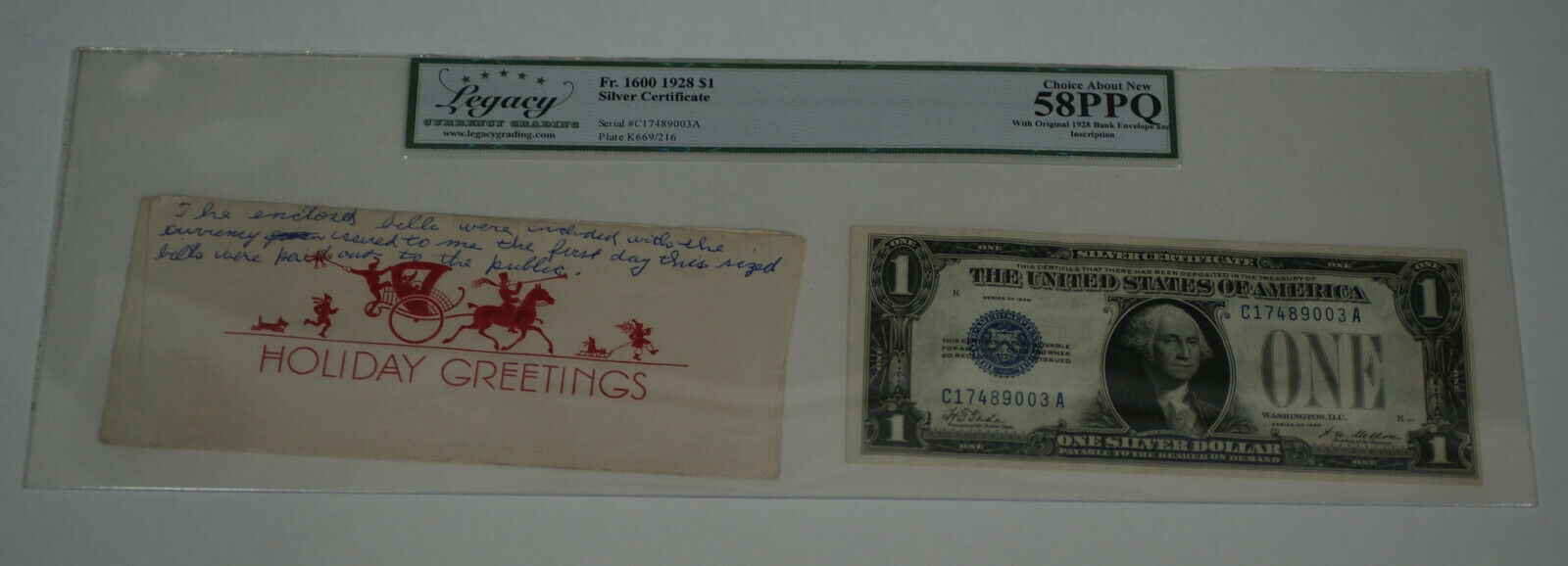 1928 One Dollar Silver Certificate $1 1928 Bank Envelope Fr. 1600 Legacy 58 PPQ