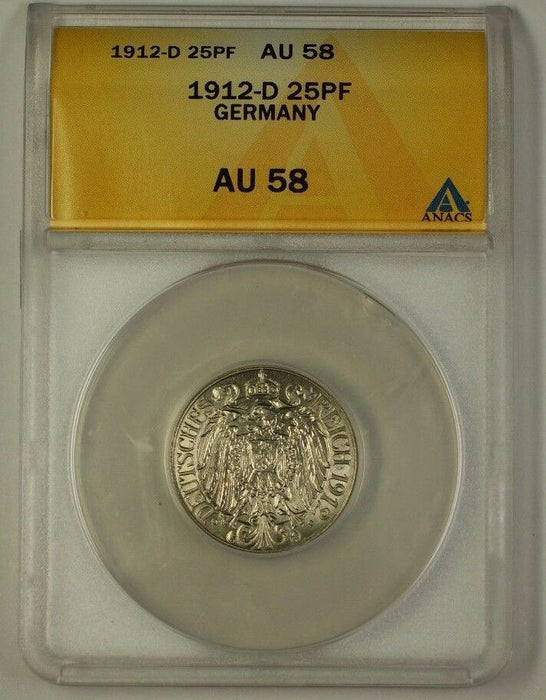 1912-D Germany 25 Phennig 25PF Coin ANACS AU-58