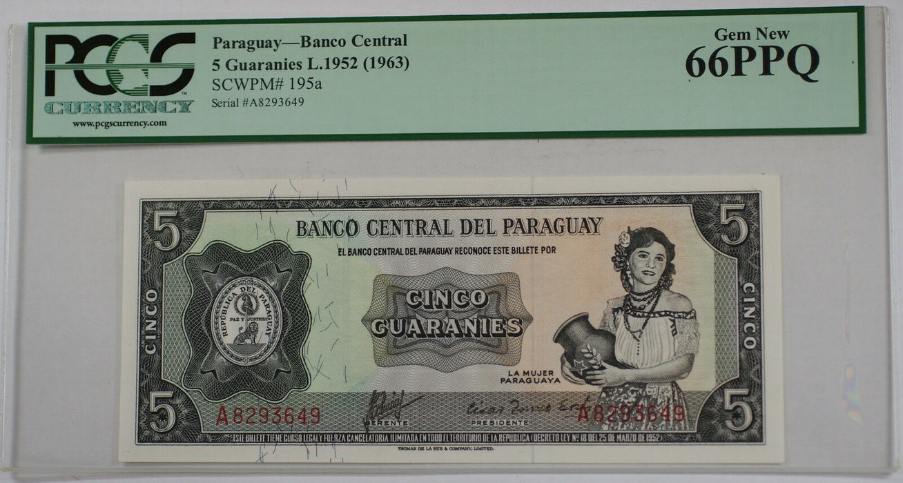 L.1952 (1963) Paraguay 5 Guaranies Note SCWPM# 195a PCGS 66 PPQ Gem New