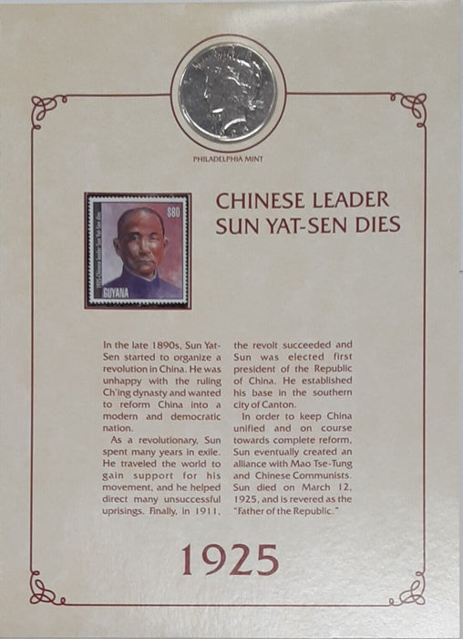 1925 Peace Silver $1 - Circ in History of That Year Card/Sun Yat-Sen Dies