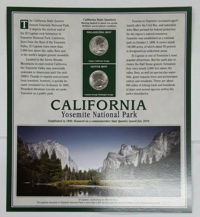 2010 California Yosemite National Park Quarter P&D w/2 Stamps on Display Card