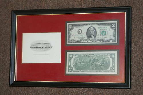Two 1976 $2 Bills, 1 Autographed, Beautifully Framed!