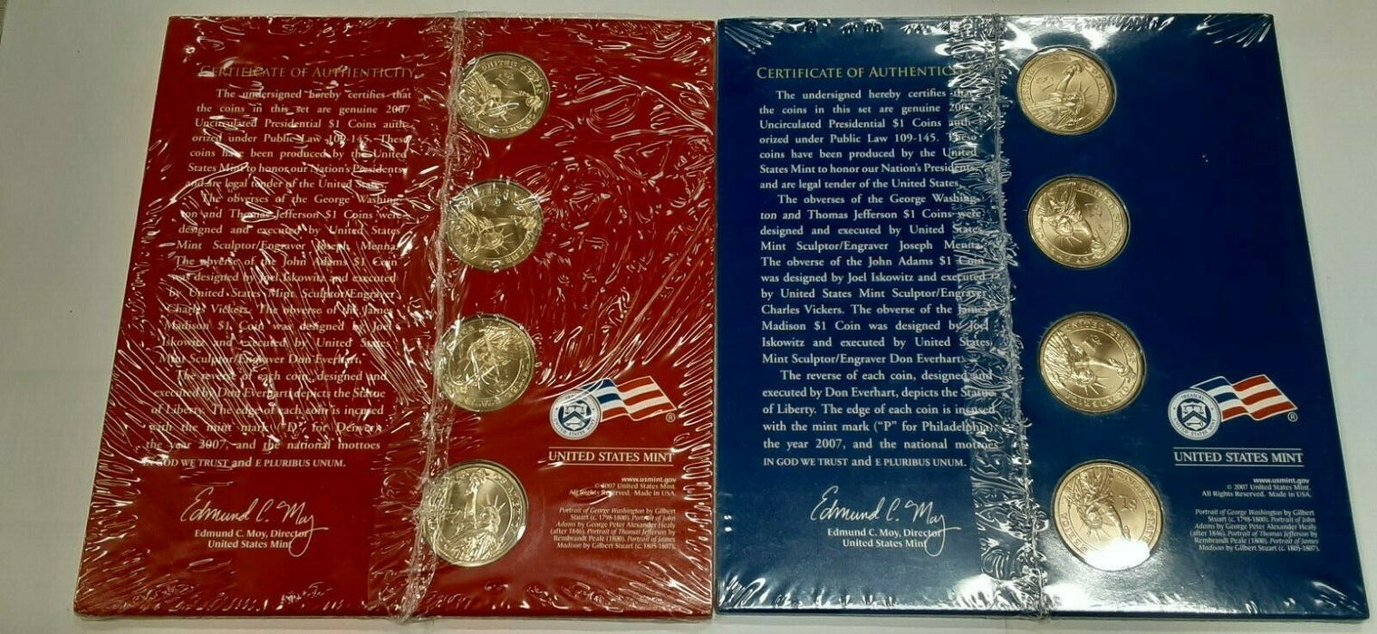 2007-P & D U.S Mint Presidential Dollar Coins - Pair of 4 BU Coin Sets
