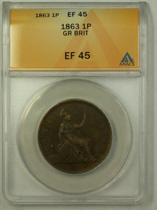 1863 Great Britain 1 Penny Coin Queen Victoria ANACS EF 45