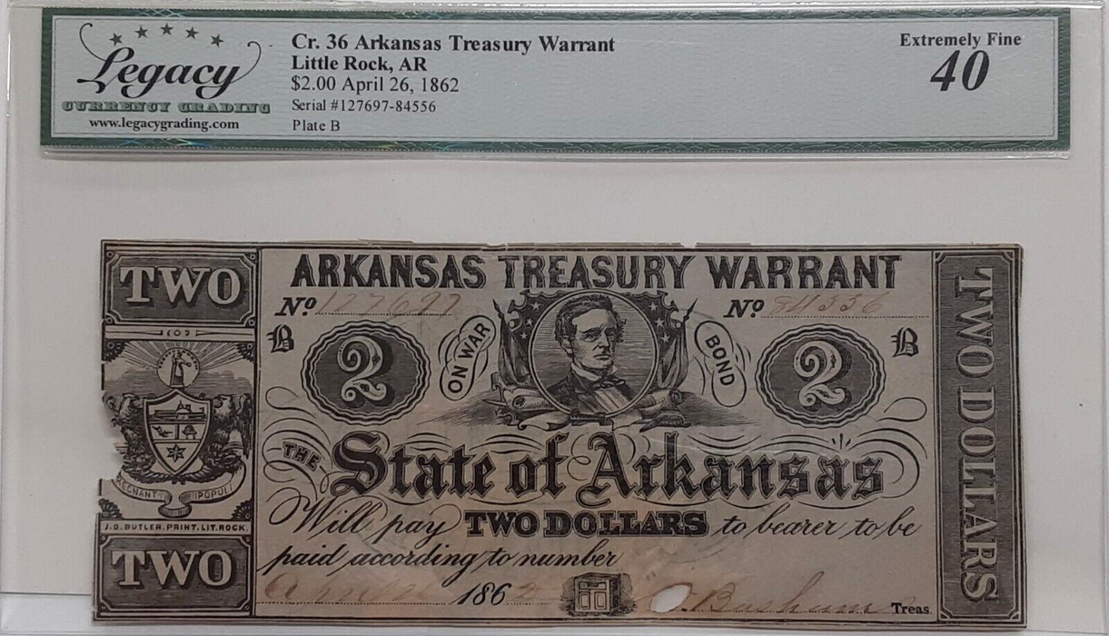 1862 $2 Arkansas Treasury Warrant Cr. 36  Legacy EF 40 W/Comments