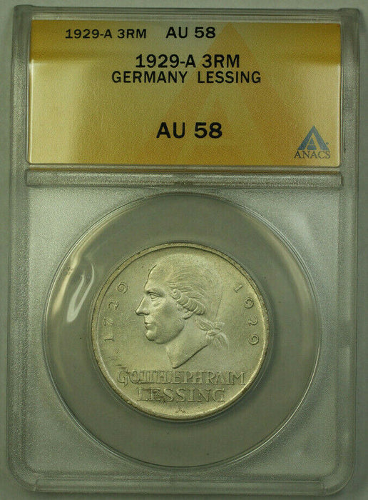 1929-A Germany Lessing Silver 3 Reichs Mark ANACS AU-58