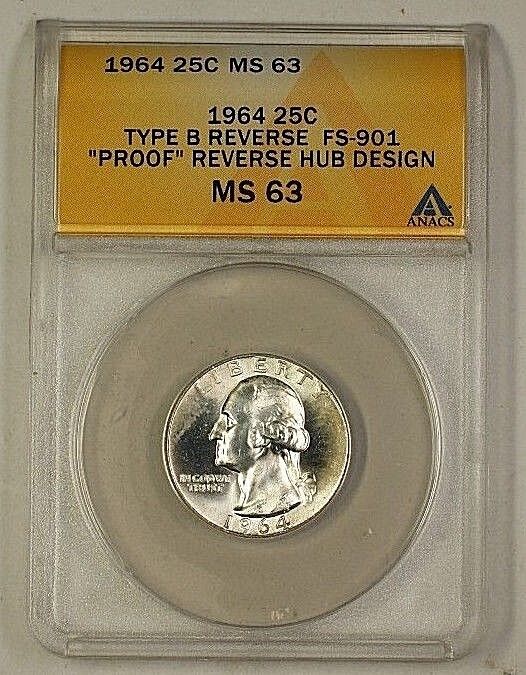 1964 Washington Silver Quarter Coin Type B Rev FS-901 ANACS MS-63 Toned Reverse