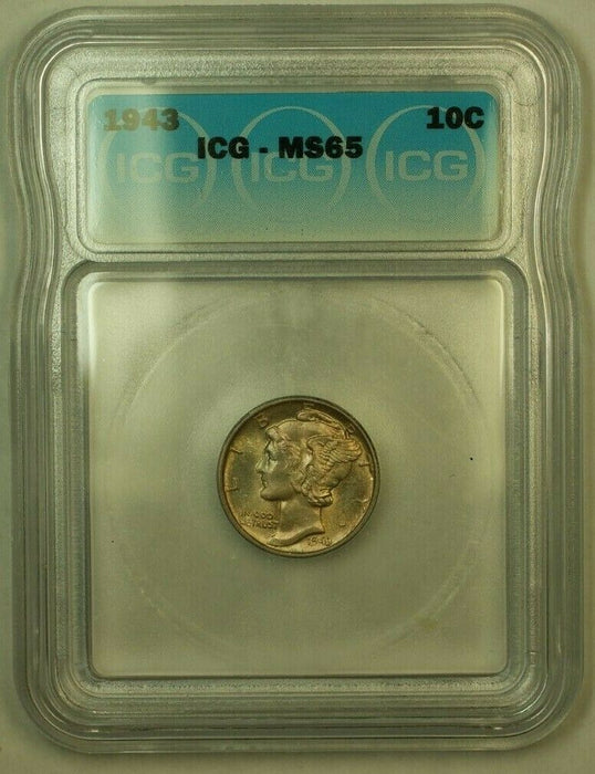 1943 Silver Mercury Dime 10c Coin ICG MS-65 D Attractively Toned