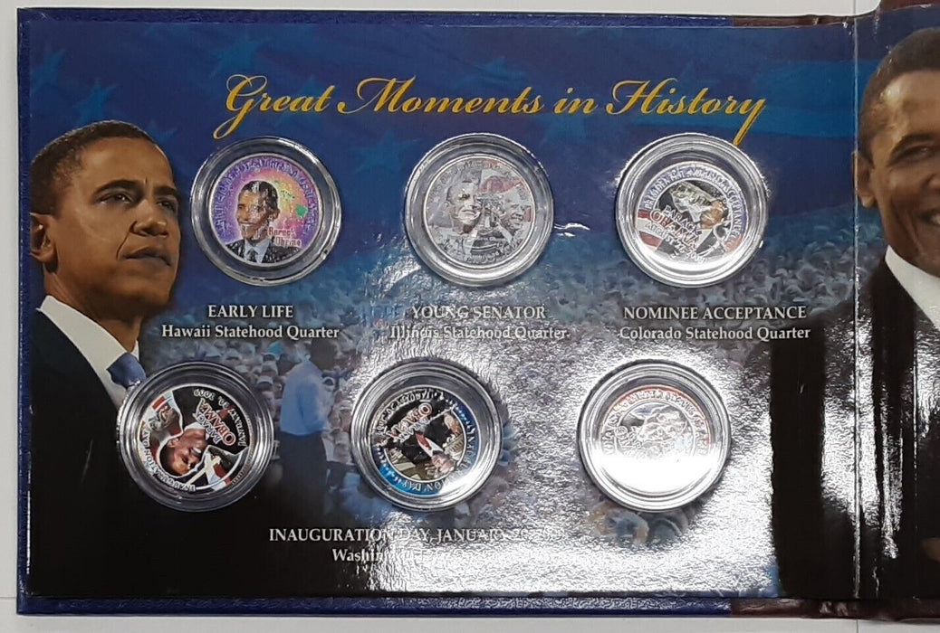 The Obama Collection 9 Colorized Coins Total w/$1, 50C & Quarters