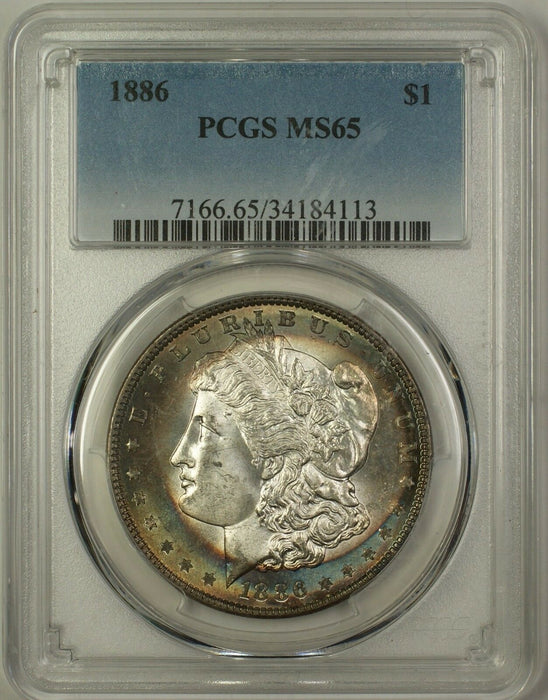 1886 Morgan Silver Dollar $1 Coin PCGS MS-65 Gem BU Nicely Toned Obverse