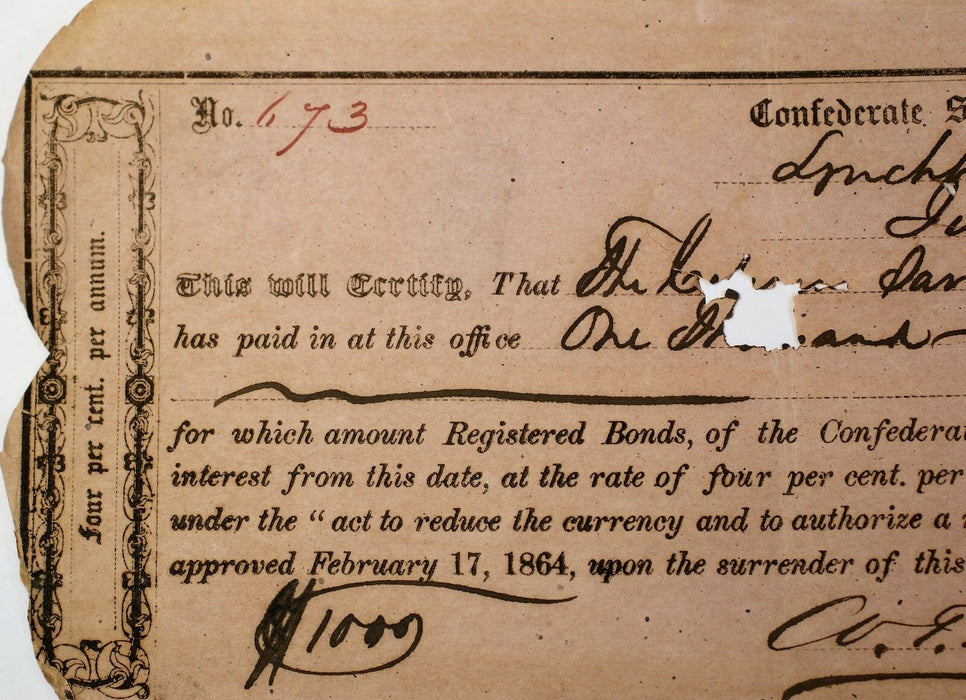 1864 Confederate States Bond June $1000 Dollars Lynchburg Virginia Hand Signed