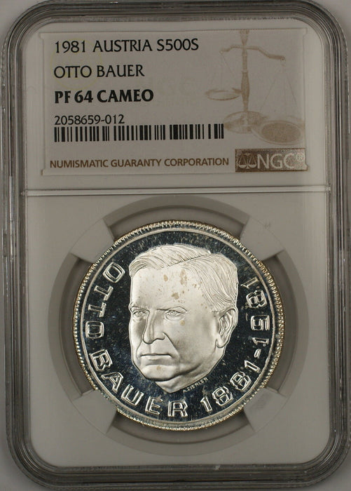 1981 Austria 500 Schillings Otto Bauer Silver Proof Coin NGC PF-64 Cameo