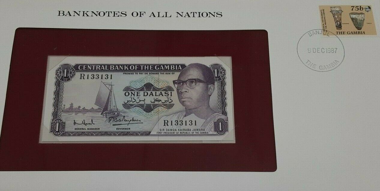1987 The Gambia One Dalasi Banknote Crisp Uncirculated in Stamped Envelope