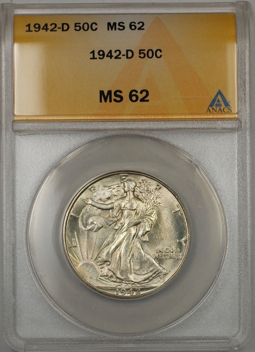 1942-D Walking Liberty Silver Half Dollar 50c ANACS MS 62 (Better Coin)