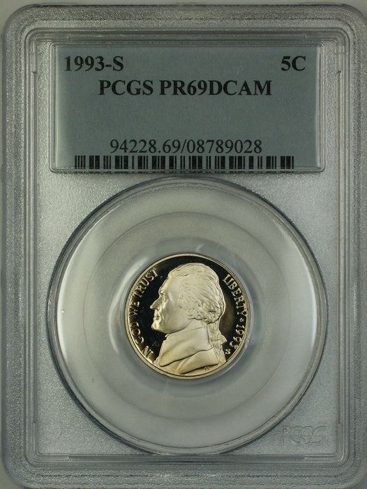 1993-S Proof Jefferson Nickel 5c Coin PCGS PR-69 DCAM Deep Cameo