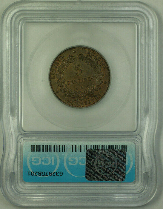 1881-A France Bronze 5 Centimes ICG MS-60 Details Scratched KM#821.1