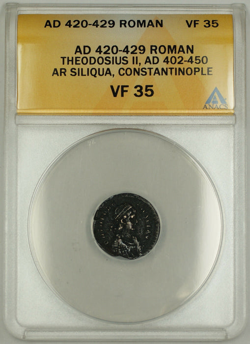 AD 420-429 Roman Siliqua Coin Theodosius II Constantinople Mint ANACS VF-35 AKR