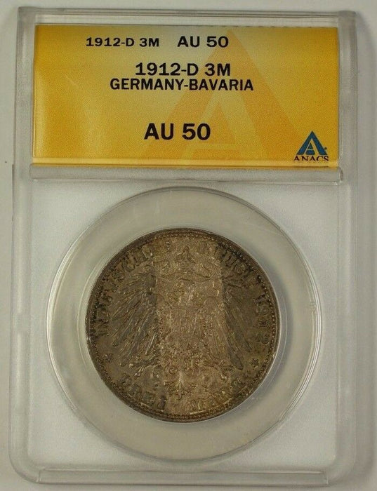 1912-D Germany-Bavaria Three Mark Silver Coin 3m ANACS AU-50