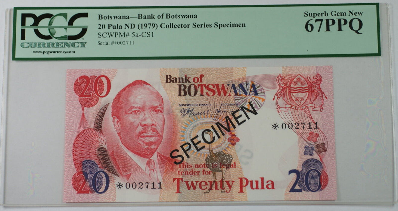 (1979) Botswana 20 Pula Specimen Note SCWPM# 5a-CS1 PCGS 67 PPQ Superb Gem New