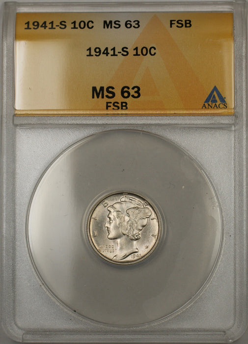1941-S Silver Mercury Dime 10C ANACS MS-63 Full Split Bands (Better Coin 11)