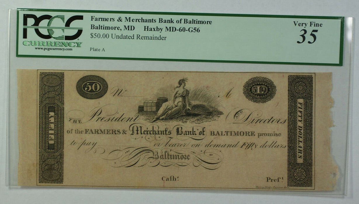 Undated $5 Farmers & Merchants Bank Baltimore MD PCGS 35 Haxby MD-60-G56