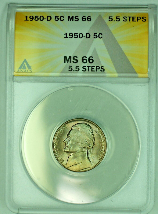 1950-D Jefferson Nickel Toned 5C ANACS MS 66-5.5 Steps (51)